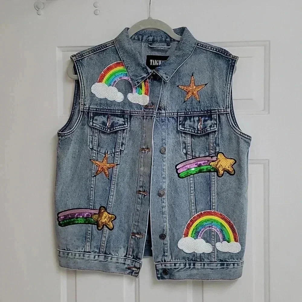 TAIGWAH Denim Glitter Patch Rainbow Vest